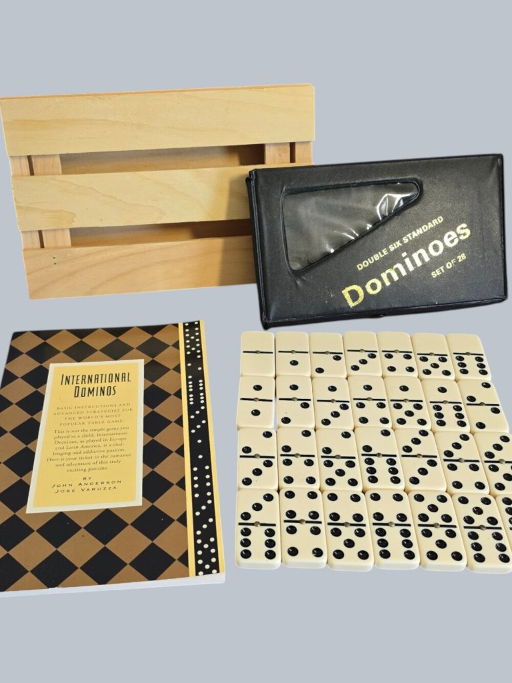 Standard Double Six Dominoes Set w/ Brass Pins ~ Includes Wooden Crate & Book